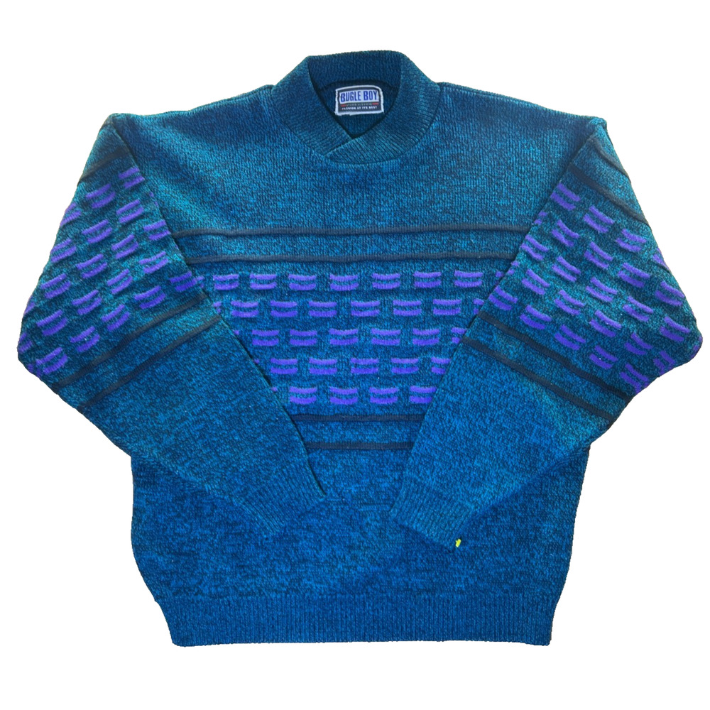 Vintage Bugle Boy Green/Purple Abstract Block Pattern Sweater 90s Mens Large